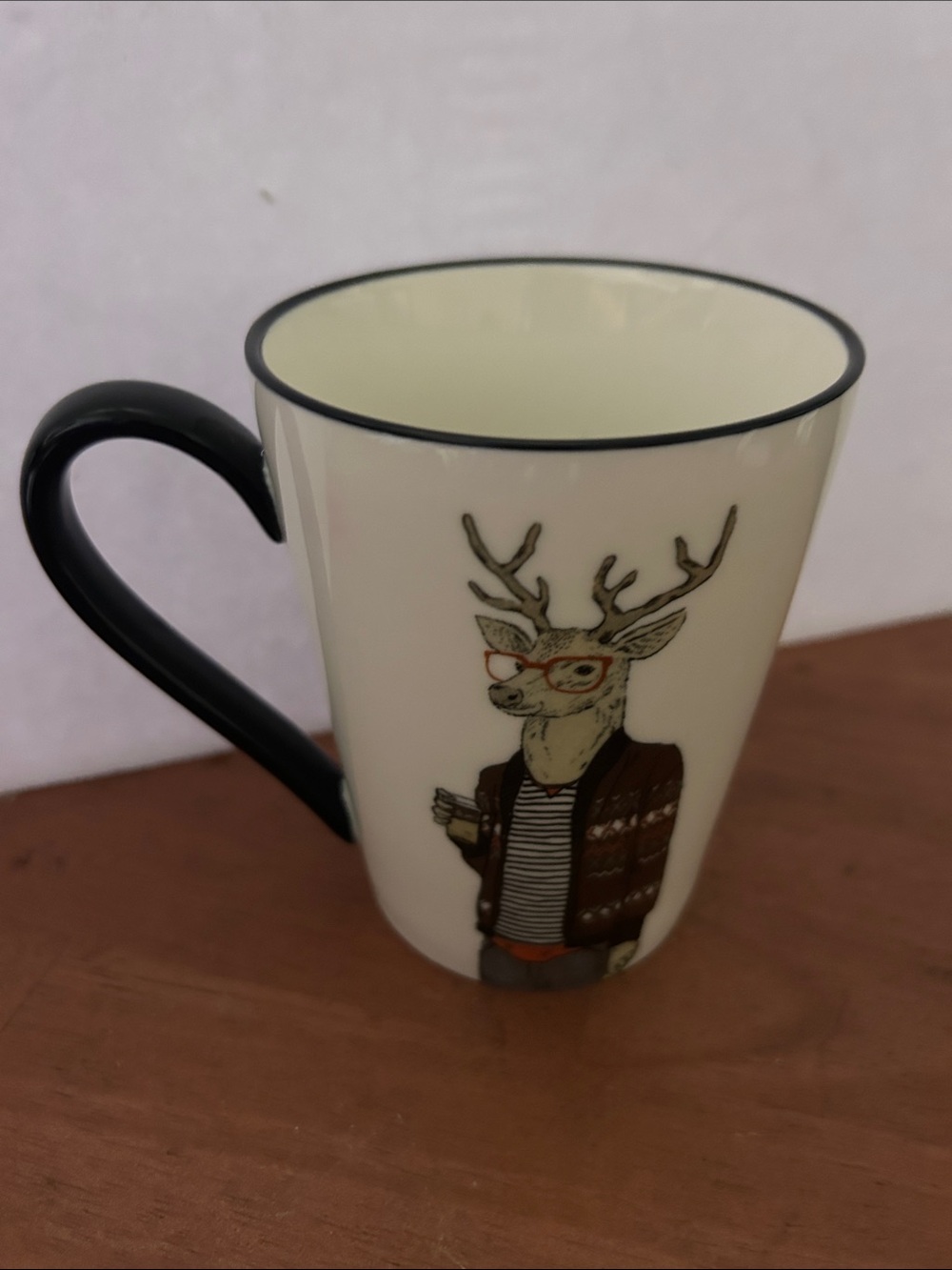 Cream Deer Illustration Ceramic Mug with Black Handle